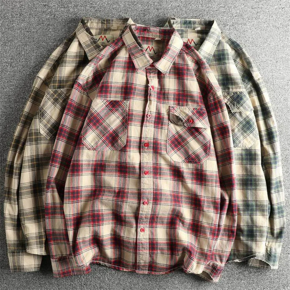 Trendy men's spring and autumn washed casual workwear checked shirt men's long-sleeved shirt