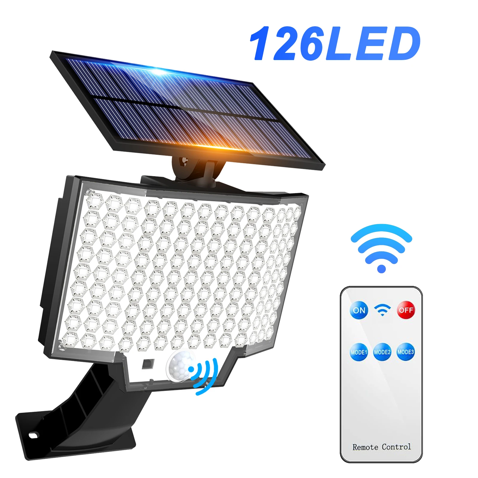 126 LED Solar Powered Motion Sensor Flood Lights with Remote,Dusk to Dawn Led Solar Security Wall Lights IP65 for Outside,Garage