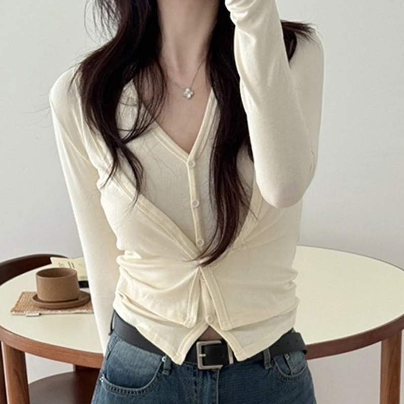 Korean Dongdaemun Halter Neck Long Sleeve T-Shirt Sexy Hottie Slim Fit Versatile Elegant Women's Top Spring New Solid Knit Tees