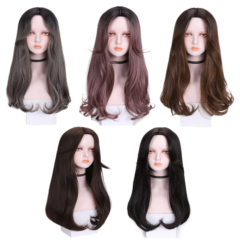 女性用クロスボーダー新しいウィッグ、中間部ロングストレートヘア、ファッショナブルなボブ、リアルなマルチカラーウィッグキャップ在庫卸売
