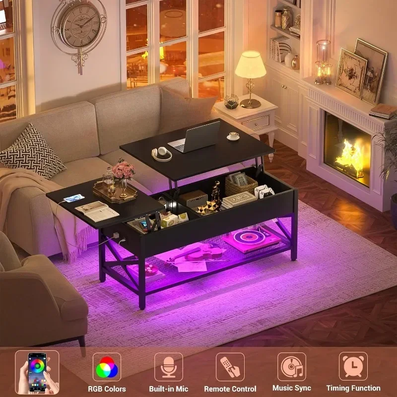 

Lift Top Coffee Table with Storage, LED Light & Power Outlet and Hidden Compartment, Retro Center Table