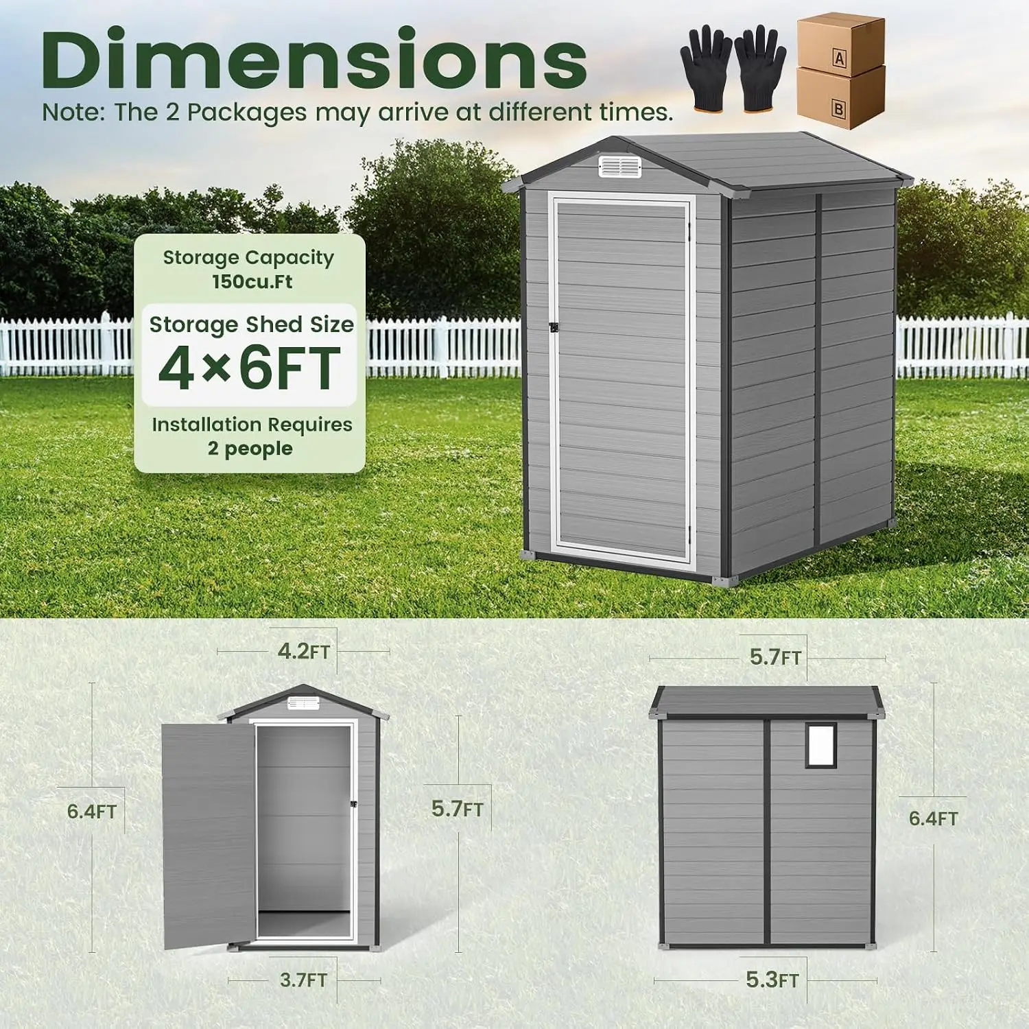 Outdoor Storage Shed with Floor, Resin Plastic Utility Garden Tool House 4×6 FT, Customized - view 3