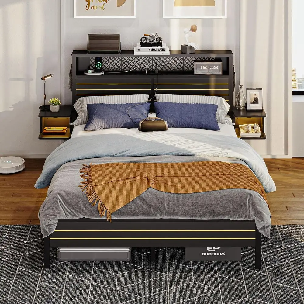 

Queen Bed e with Horizontal n Stripe Storage board&LED Nightstands, Metal Platorm Bed with Charging Station, Heavy Duty Metal Sl