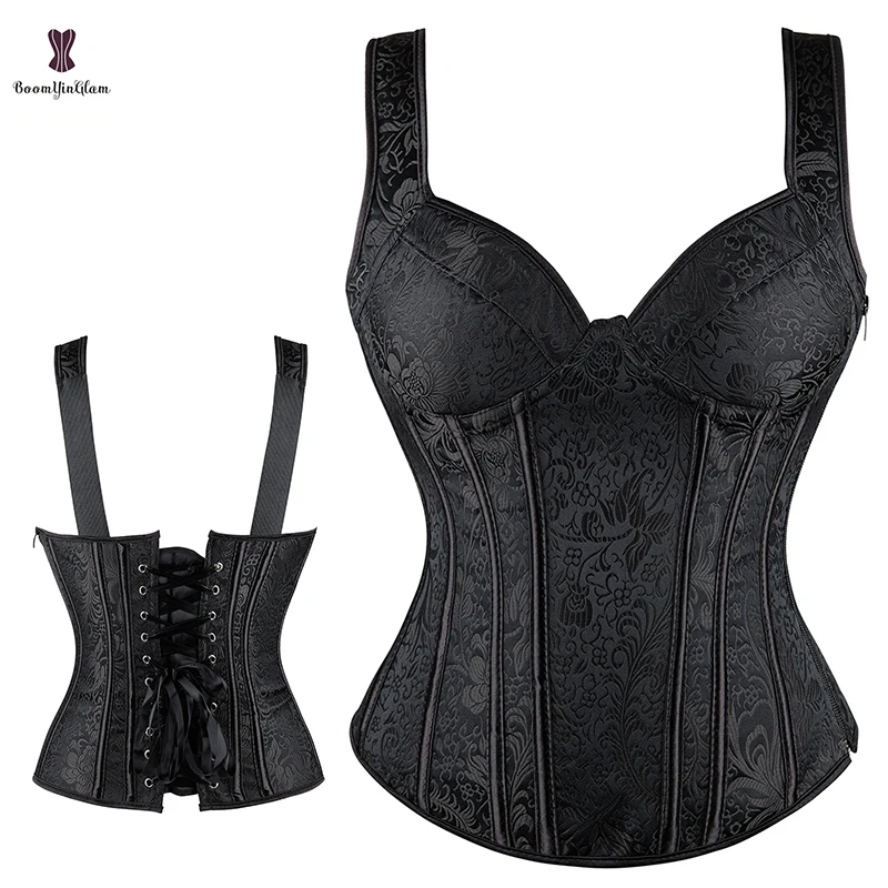 Should Strap Bodice Zip Chest Binder Bustier Lace Up Boned Corset Gothic Corselet Sexy Lingerie Korset Women Body Shapewear