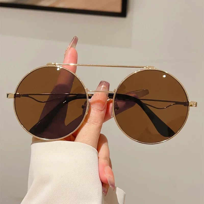 KAMMPT Vintage Round Sunglasses Men 2025 New in Fashion Double Bridge Mirror Shades Women Trendy Retro Brand Design Sun Glasses