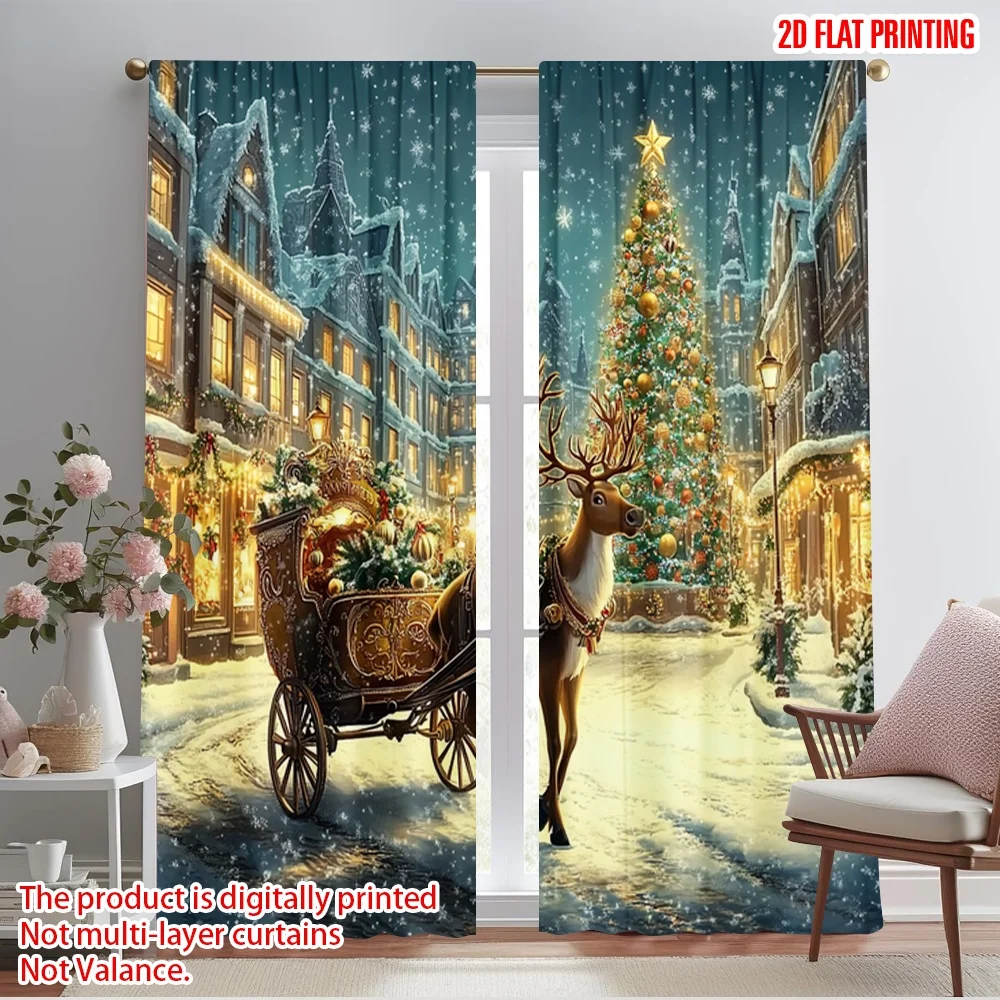 

2pcs,2D plane printing Window Curtain Christmas horse drawn cart Versatile 100% Polyester (without rod) Festive Perfect for