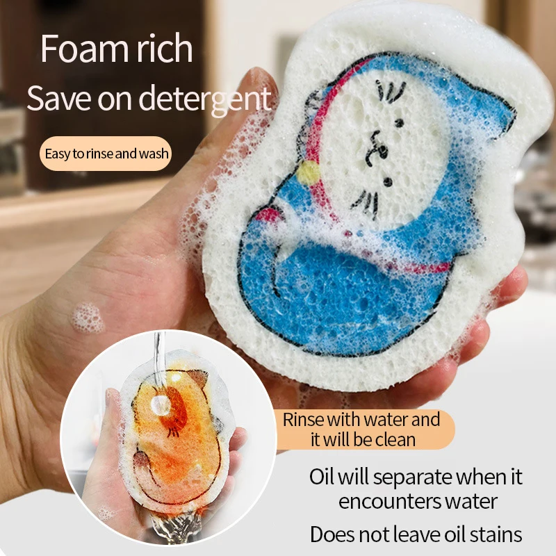 Kitchen Dishwashing Sponge Cleaning Sponges Scouring Pad Compressed Wood Pulp Sponge Cartoon Dish Cloths Pot Wipe Cleaning Tools