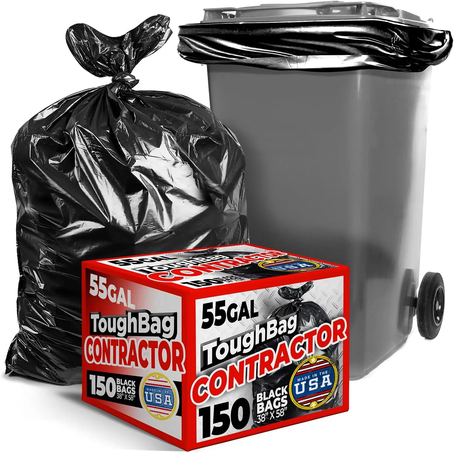 

55-60 Gallon Heavy Duty Trash Bags, 150 Count Large Black Garbage Bags Made in USA