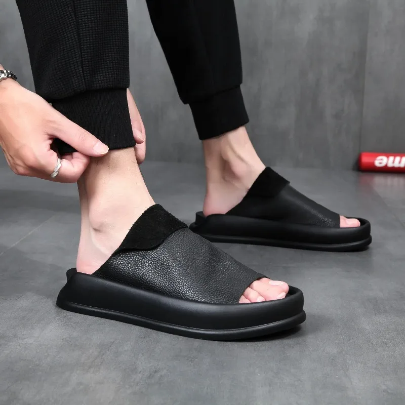 Mens Slippers Head Layer Cowhide Slippers Man Fashion Causal Designer Solid Color Slipper Shoes for Men Male Summer Dermis