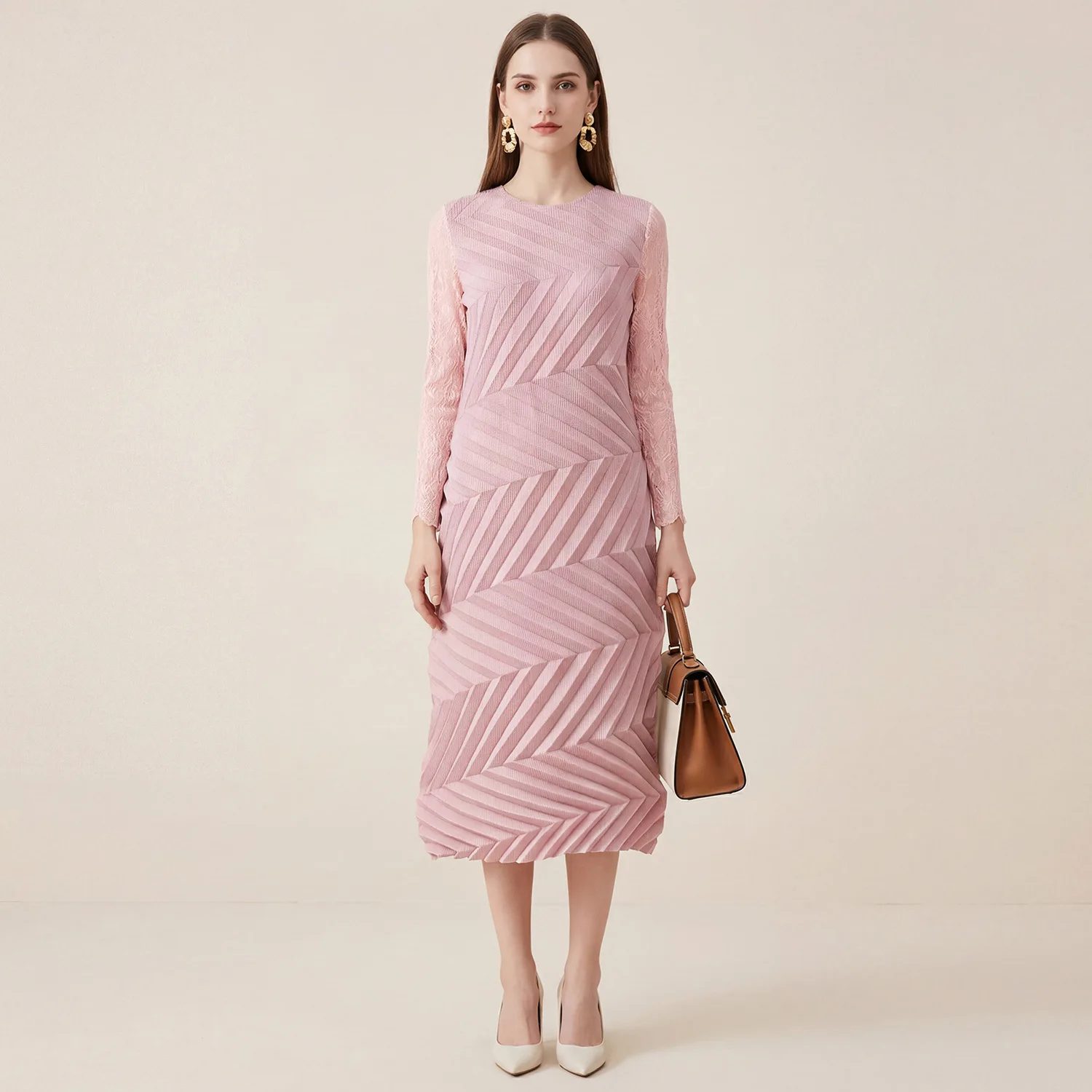 

Miyake Pleated 2025 New Autumn Row Pleated V Dress Design Elegant Model Commuter Style Patchwork Sleeve Midi Dress Female Pleats