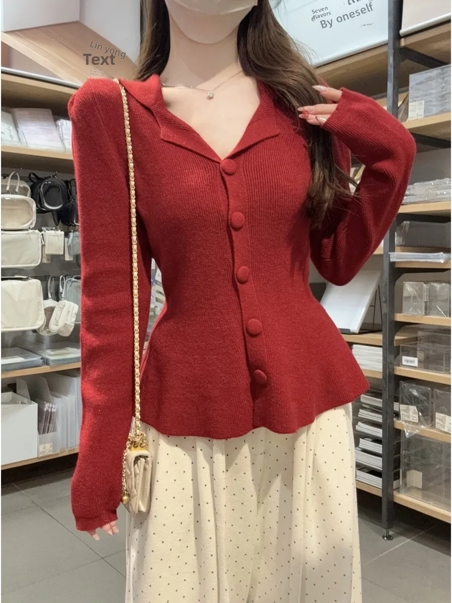 

Korean Sle Slim Fit Ne Knitted Open Cardigan Women's Spring 2026 Faion Anti-Aging Red Sweater Jaet Long Sve