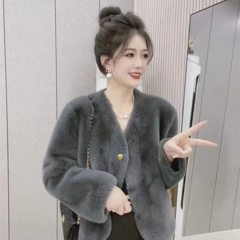 Winter Elegant Faux Fur Grass Short Jacket Coat Female Women's     Thick Warm Streetwear  2024 New T952