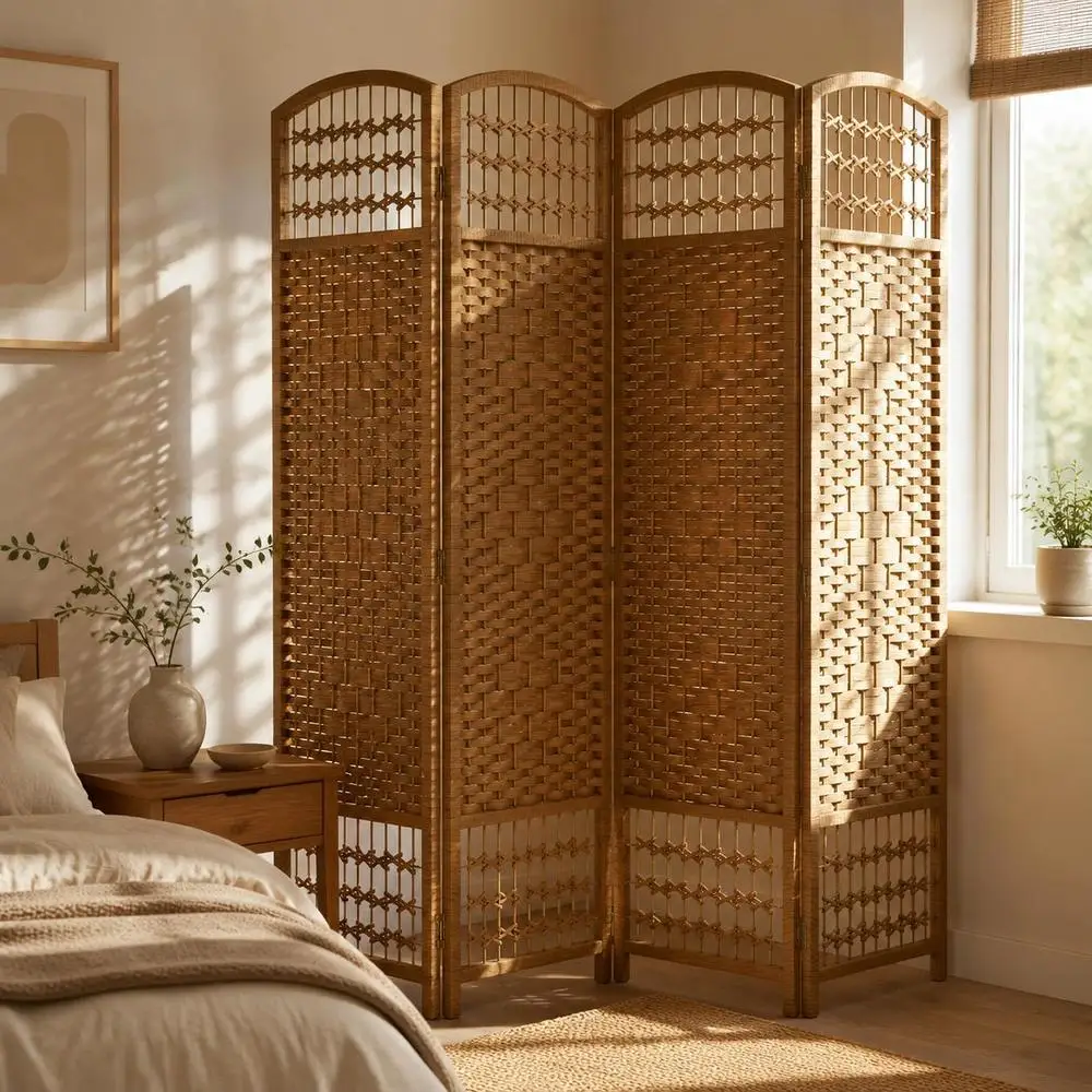 Paravent intérieur en bois, séparateur de pièce, cloison pliable 4 panneaux 160 x 170 cm, bois naturel. Parfait pour séparer le salon, la chambre, le studio, l'appartement et la zone de dressing.