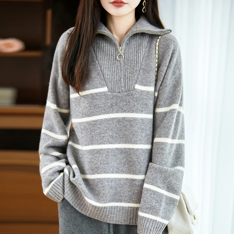 

Женский осенне-зимний пуловер из 100% мериносовой шерсти с воротником в толстую полоску, модный повседневный кашемировый вязаный удобный теплый свитер, топ
