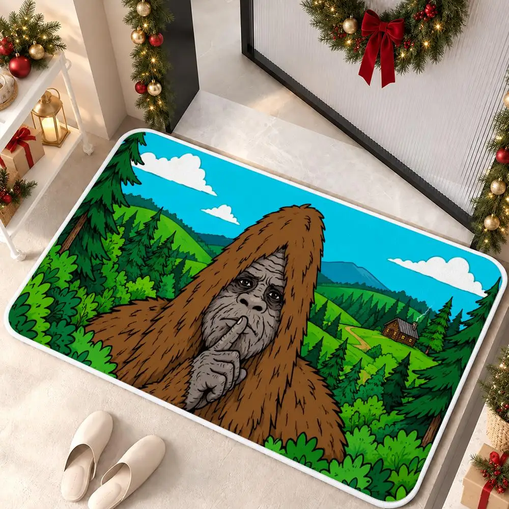 Bigfoot Forest Rustic Style Floor Mat Soft Non Slip Flannel Door Mat for Bathroom Kitchen Bedroom Home Decor