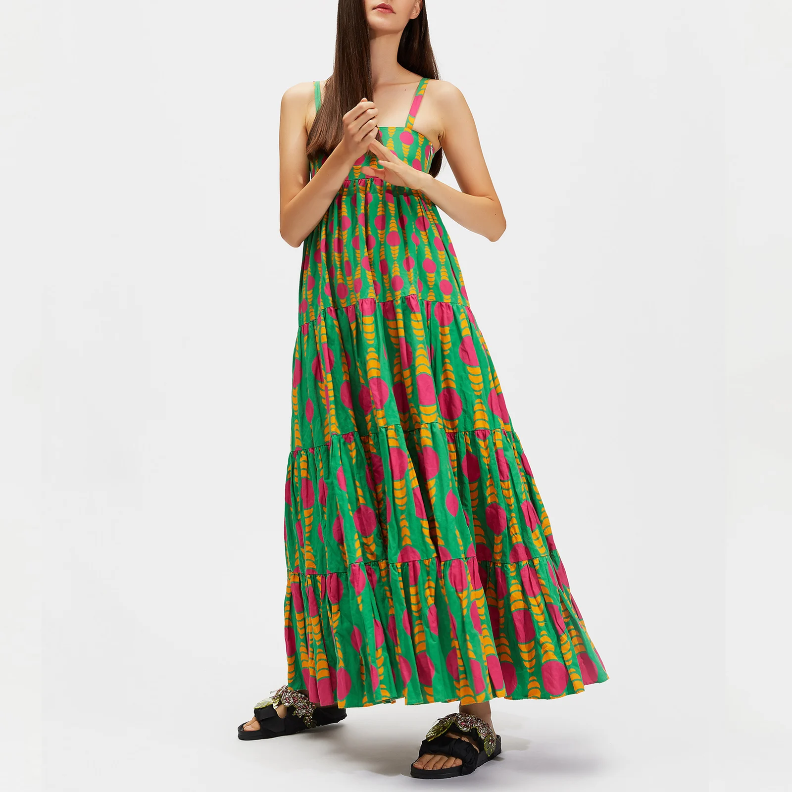 

Women’s Boho Long Dress Fashion Print Sleeveless Spaghetti Strap Tiered Beach Dress Summer Flowy Dress