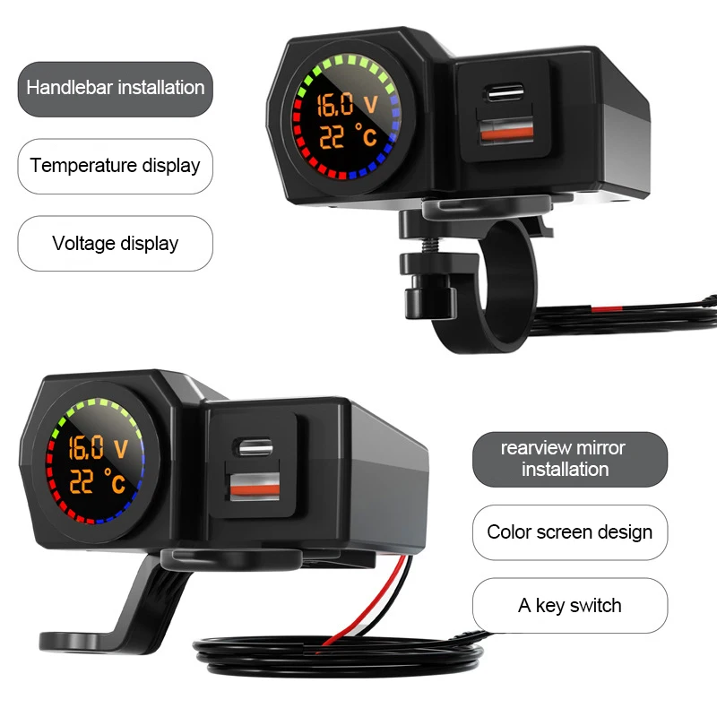 Motorcycle Charger Voltage Temperature Digital Display Dual USB Mobilephone Charging Adapter for Motorbike Handlebar Accessories