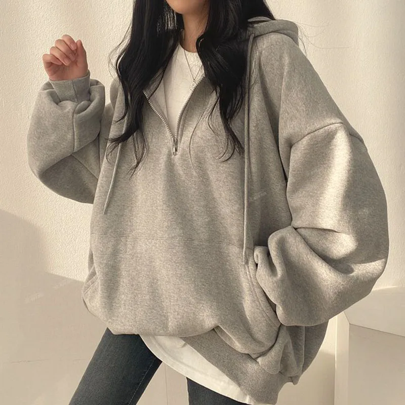 Kawaii Big Pocket Drawstring Hoodies Women Spring Autumn Loose Half Zipper Pullover Woman Street Solid Color Long Sleeve Hoodies