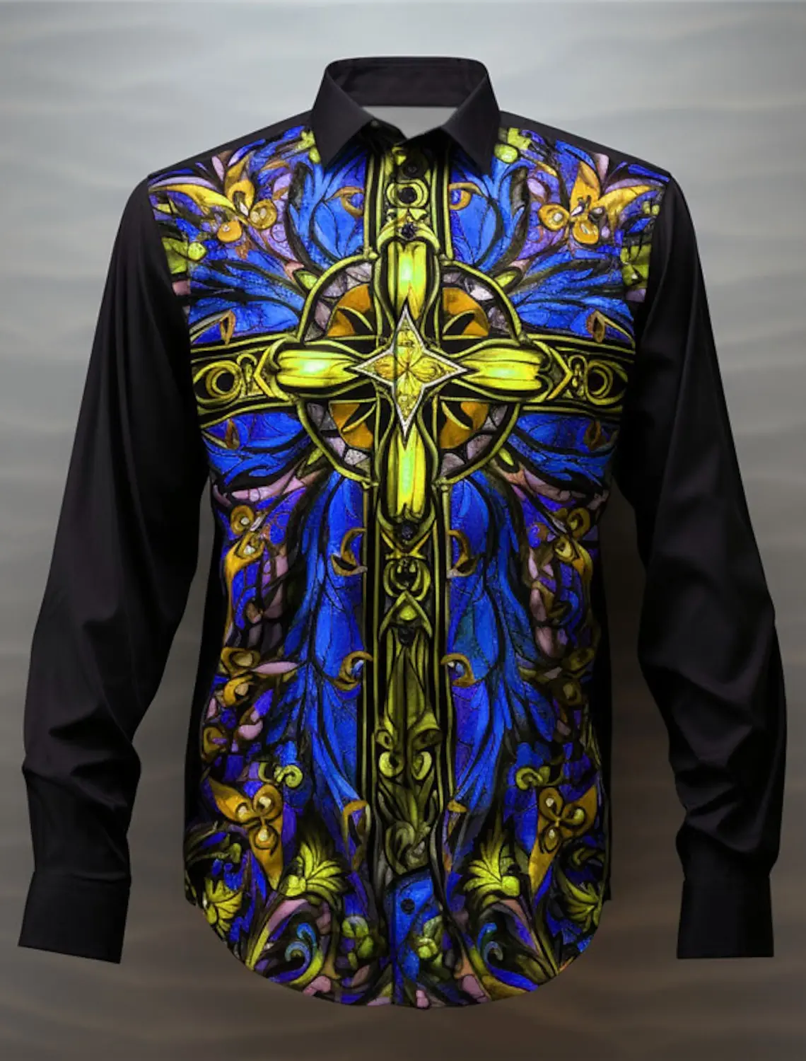 Camisa masculina de tecido elástico manga longa, abstrato artístico, bloco de cores, cruz colorida, roupa diária, corte de outono, 4 vias, 2024