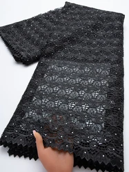 Black African Grand Wax Guipure Cord Lace High Quality Nigerian Sequins Water Soluble Lace Fabric For Sew Party Dresses,5yards