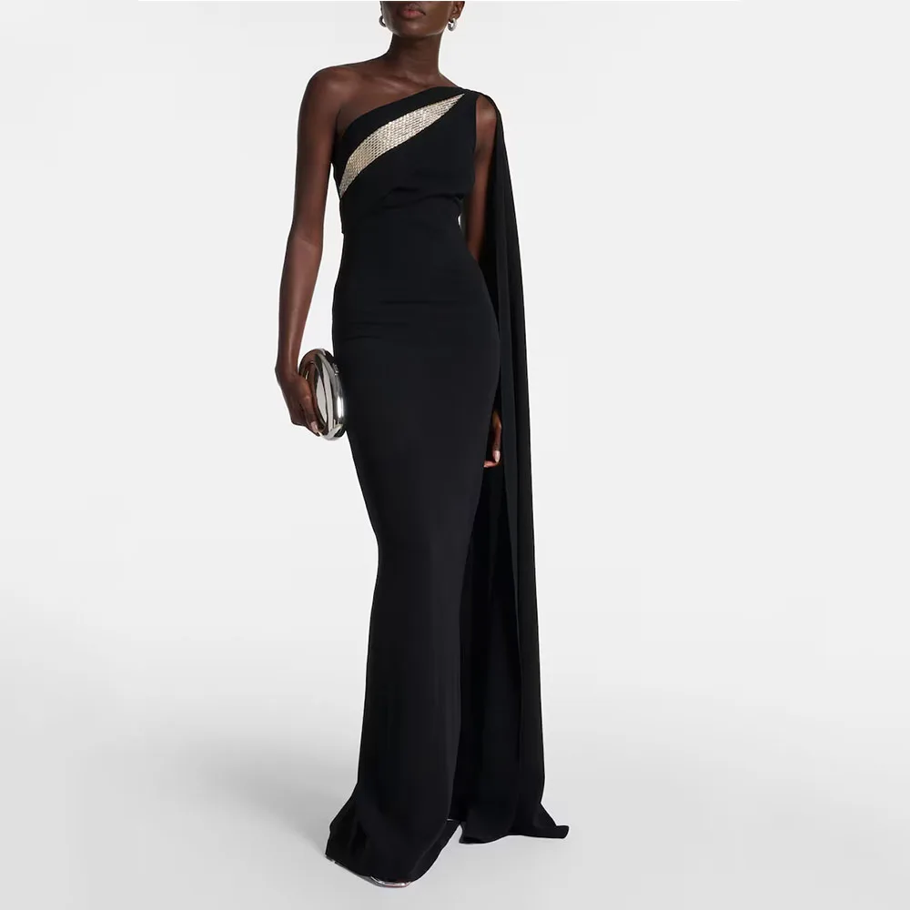 

One Shoulder Black Saudi Dress Women's Evening Gown Mermaid Formal Party Dress Floor Length Beading Prom Dress With Train
