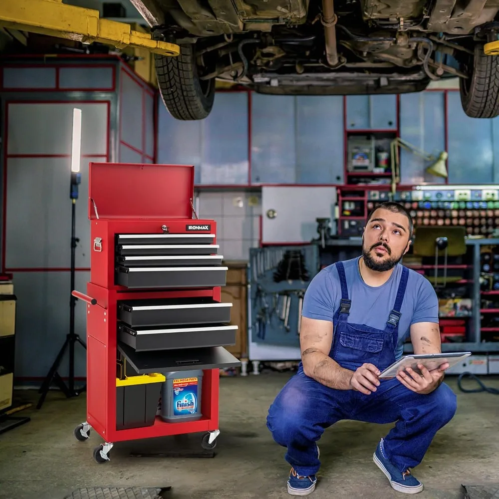 

Large Rolling Tool Chest Cabinet with 6 Drawers, Wheels & Lock - Portable Tool Organizer Storage Box Black/Red