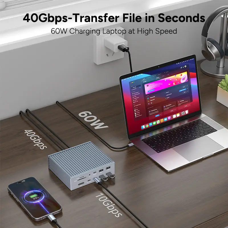 Thunderbolt 4 HD 8K 60 Гц USB4 40 Гбит/с 20 портов типа C для ноутбука Многофункциональный концентратор USB 3.0 SD TF Док-станция PD Switcher Hub