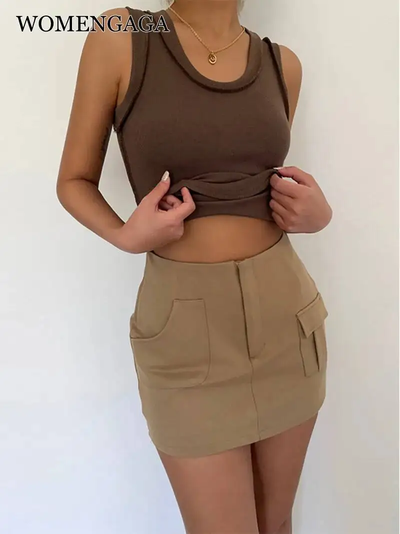 WOMENGAGA Multi Pocket Halfbody Skirt Thin Spicy Girls High Waist A-line Skirt Elastic Short Skirt Korean Style Sweet Women 8BI