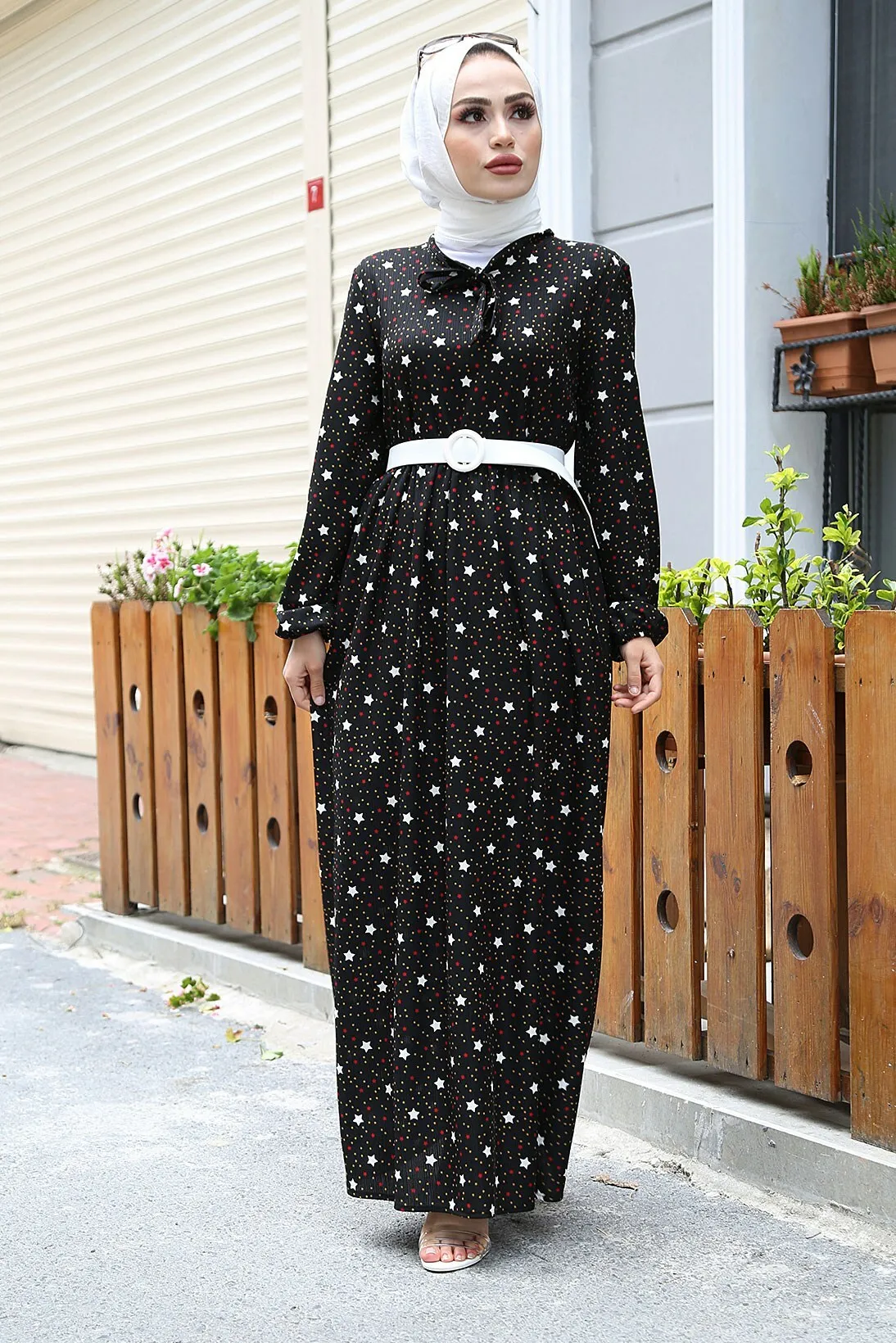 

MDI With TIE Star Print Dress-Black Winter Autumn 2021 Muslim Women Hijab headscarf Islamic Turkey