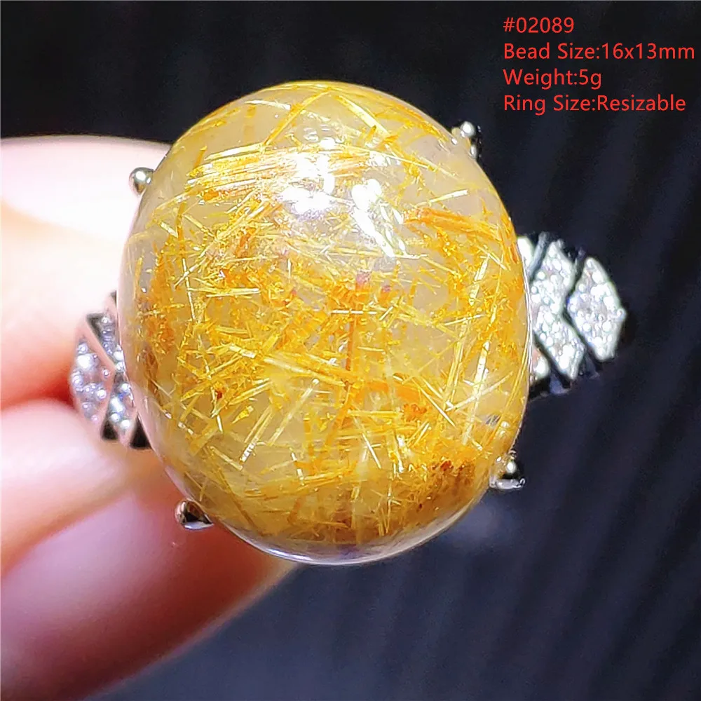 Natural Gold Rutilated Quartz Adjustable Ring Women Men 925 Sterling Silver Wealthy Bead Rutilated Ring Jewelry AAAAAA