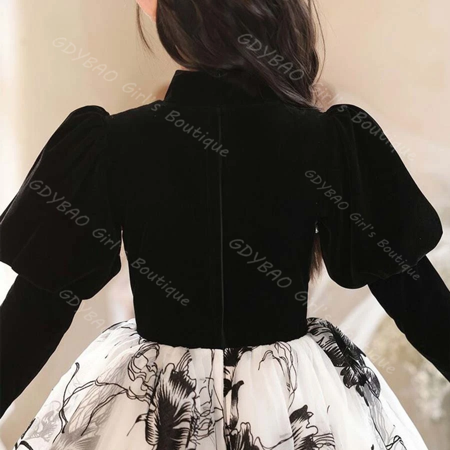 맞춤형 꽃무늬 프린트 플라워 걸 드레스 하이넥 풀 슬리브 A라인/프린세스 플로어 길이 어린이 파티 드레스 비딩 장식