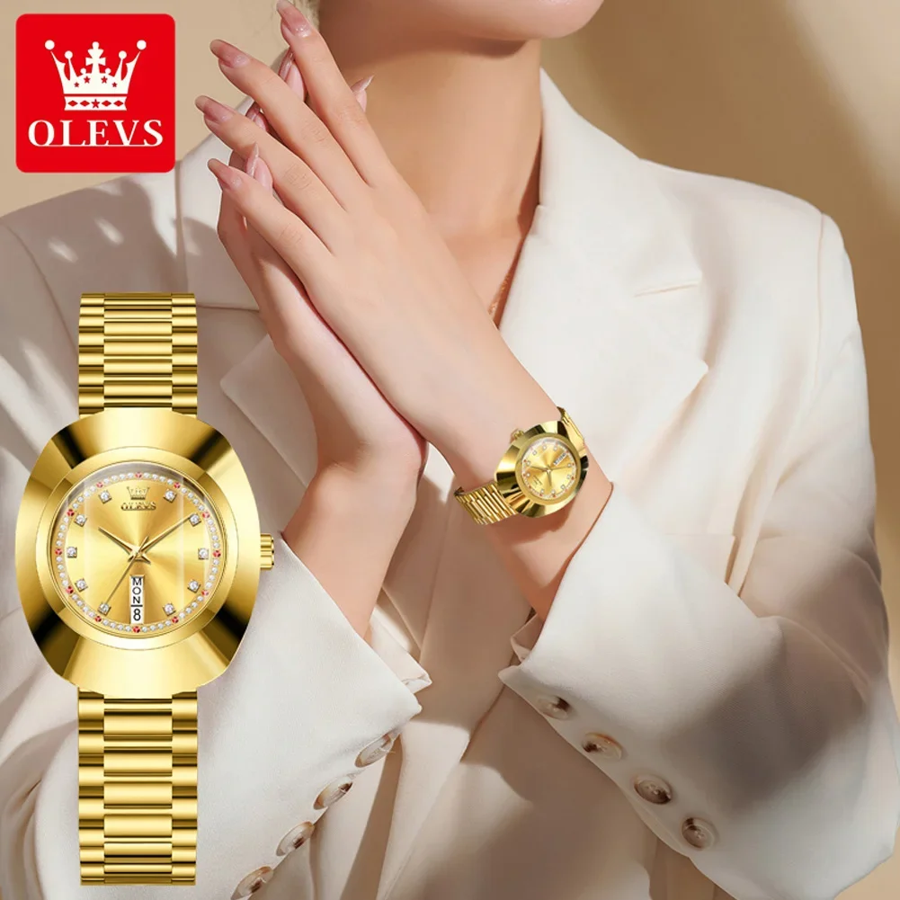 OLEVS-Montre à Quartz Diamant pour Femme, Grand Cadran, Calendrier Touriste, Montres-Bracelets Habillées, Horloge Étanche, Marque Supérieure,