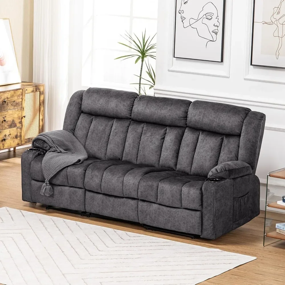 Manual Recliner Chair Set，Fabric Reclining Sofa Chair with Cup Holders, Upholstered Recliner with Side Pockets Suitable Sofa