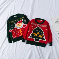Christmas Children's Knitted Sweater Red Green Baby Boys Knit Tops Kids Long Sleeve Knitwear Tops Toddler Girls Jumper Pullover