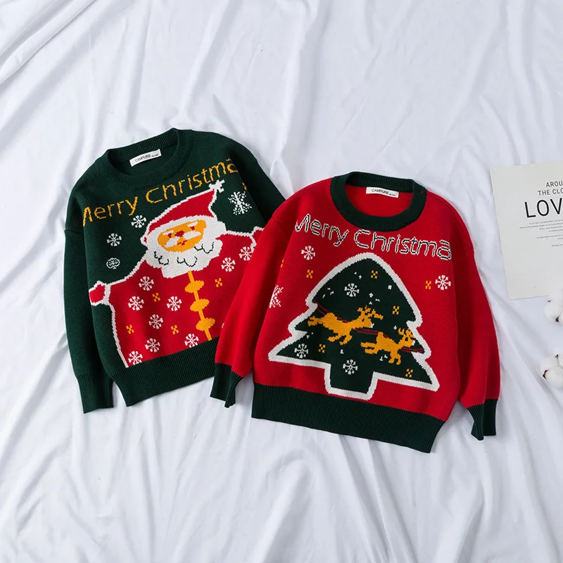 Christmas Children's Knitted Sweater Red Green Baby Boys Knit Tops Kids Long Sleeve Knitwear Tops Toddler Girls Jumper Pullover
