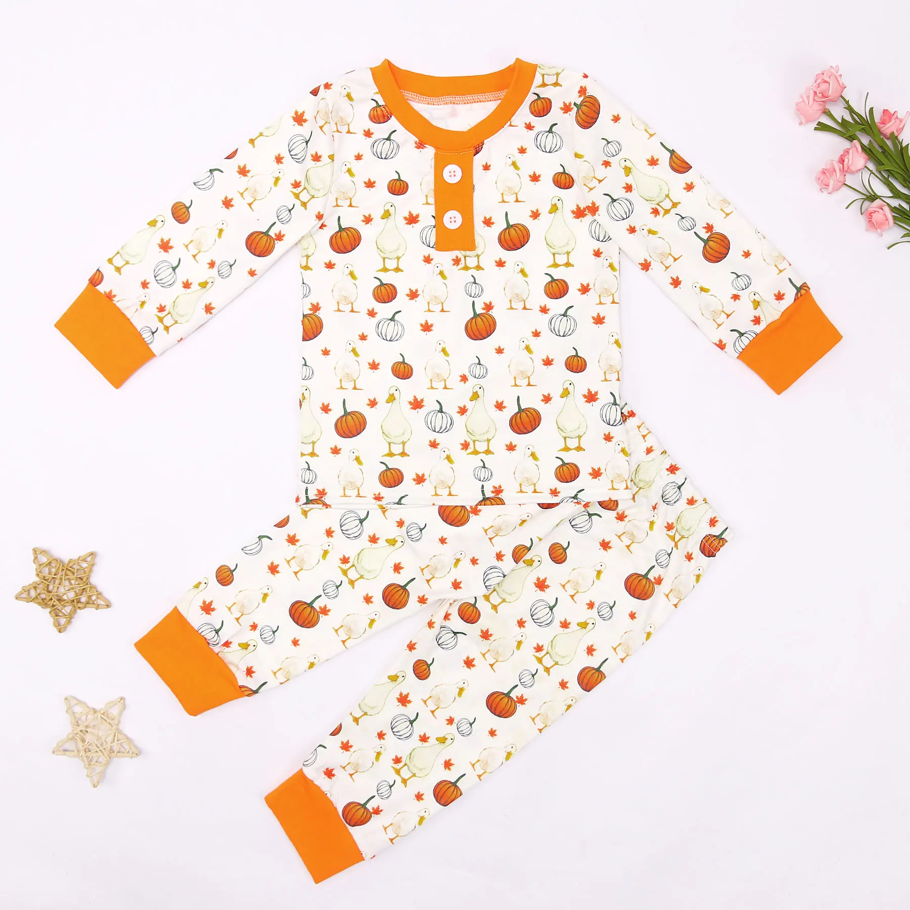 2023 New Baby Cotton Long Sleeve T-shirt Set Round Neck Pumpkin And Duck Prints Boy Orange Top Clothes And Suit Romper pajamas