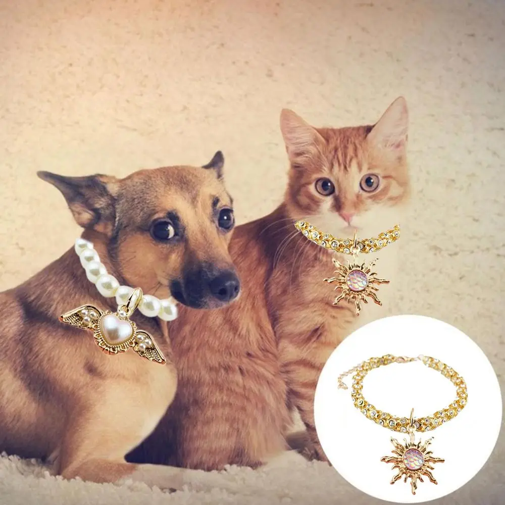 Adjustable Cat Necklace Luxury Artificial Pearl Rhinestones Cat Collar Pet Accessories Wedding