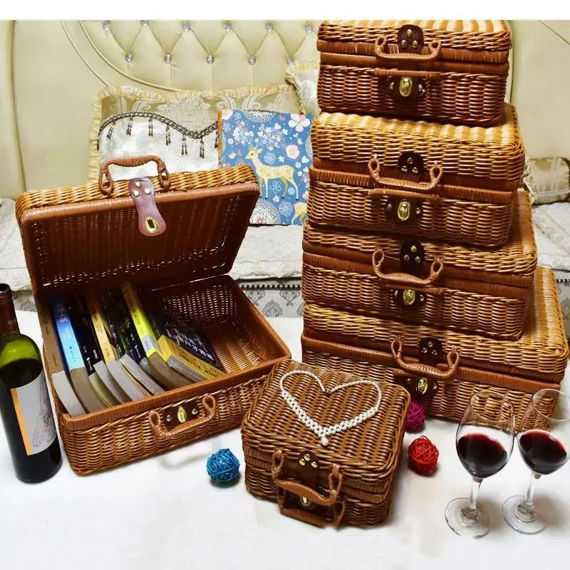 Idyllic Retro Handbox Outdoor Picnic Storage Basket Hand-woven Storage Box Shoot Props Decoration Home Collection Utensils