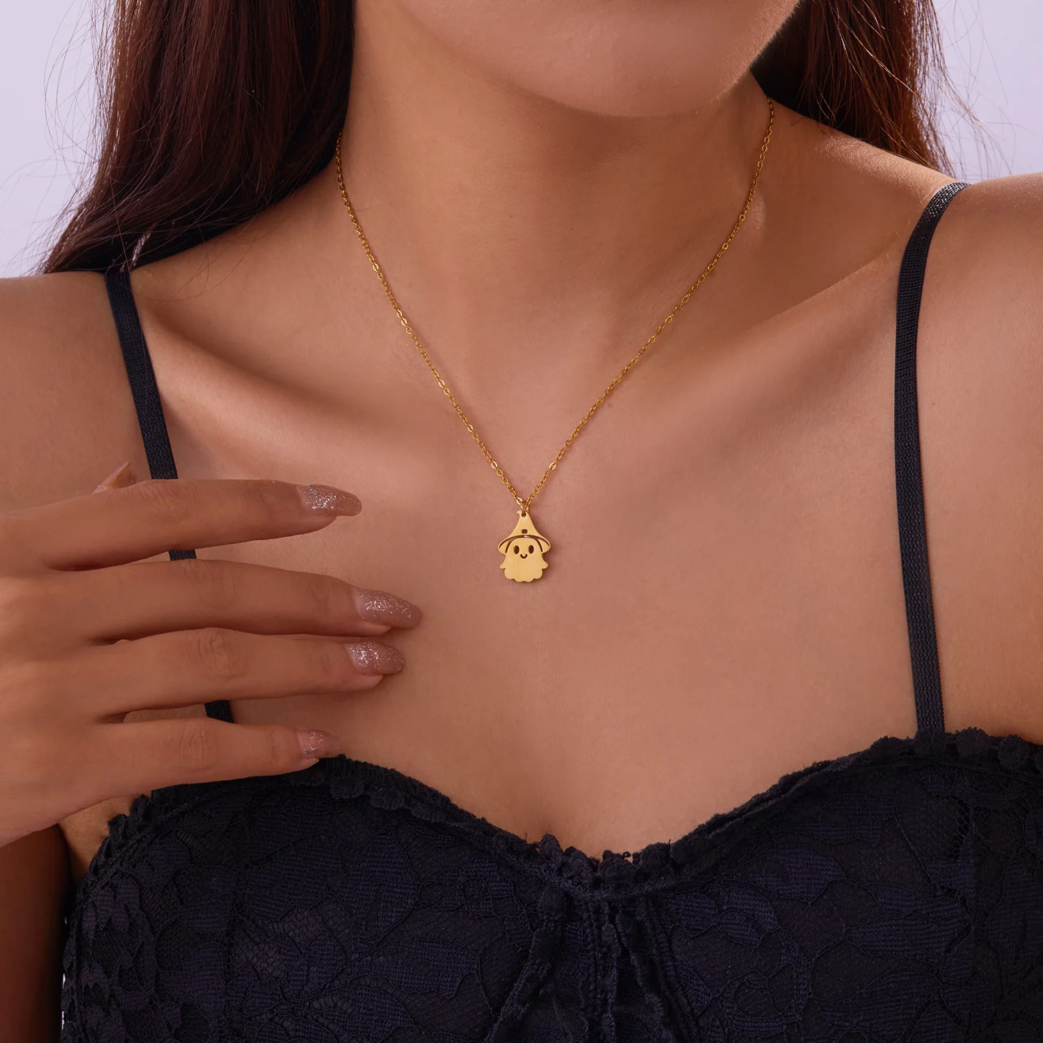 Mode Edelstahl Halloween Anhänger Halskette für Frauen Männer schwarze Katze Geist Spinne Kürbis Halskette Freundschaft Schmuck Geschenk – Detail 9