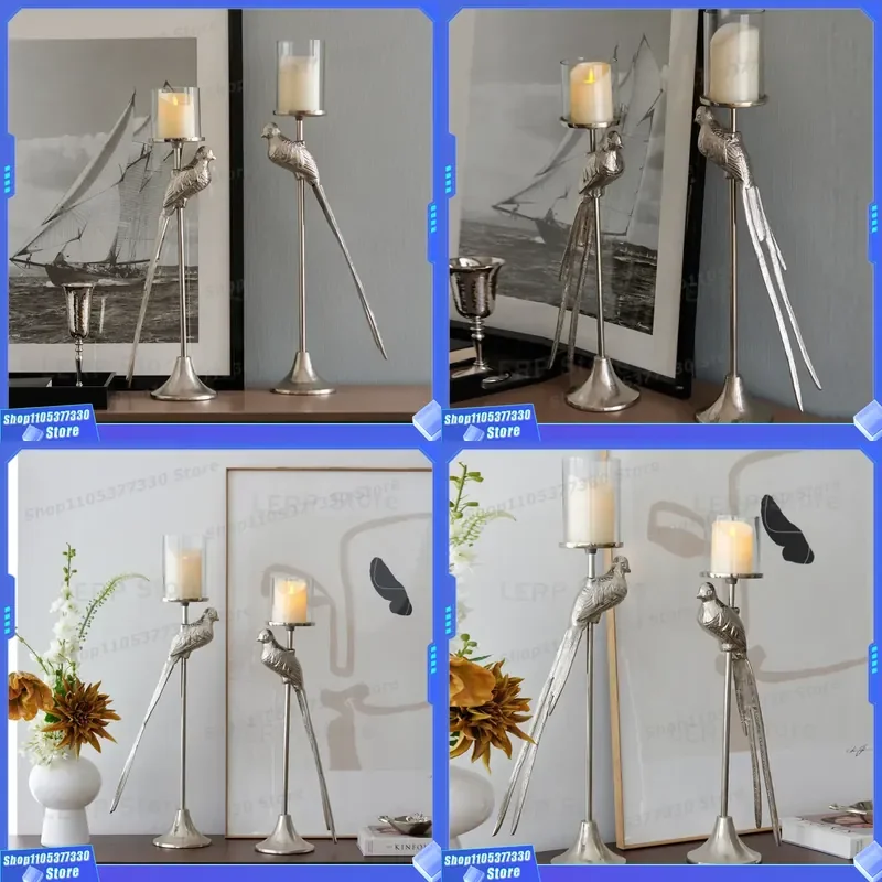 Modern Silver Aluminum Bird Sculpture Glass Candlestick Holder Creative Desktop Ornament for Home Living Room Commercial