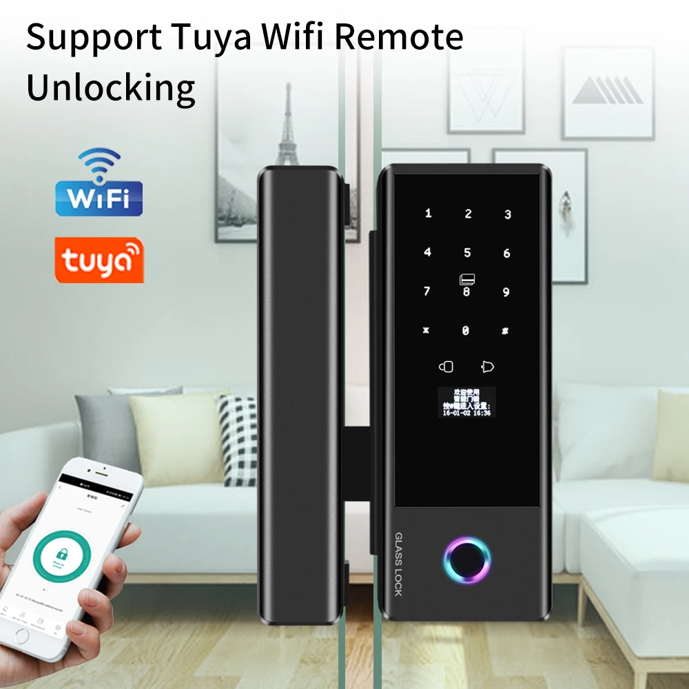 2.4G Wifi Tuya APP Control Lock Glass Sliding Door Smart Fingerprint Lock Touchscreen Keypad RFID Card for Framed Frameless Door