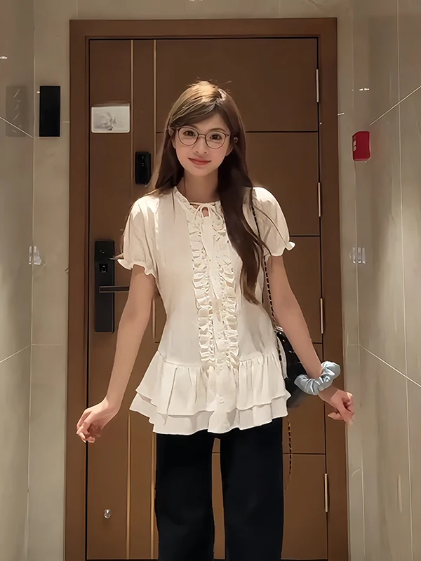 

plus Size College Style Lace Shirt Women's Fashion Design White Slimming Top for Plump MM Summer Commute Wind Straight Tube