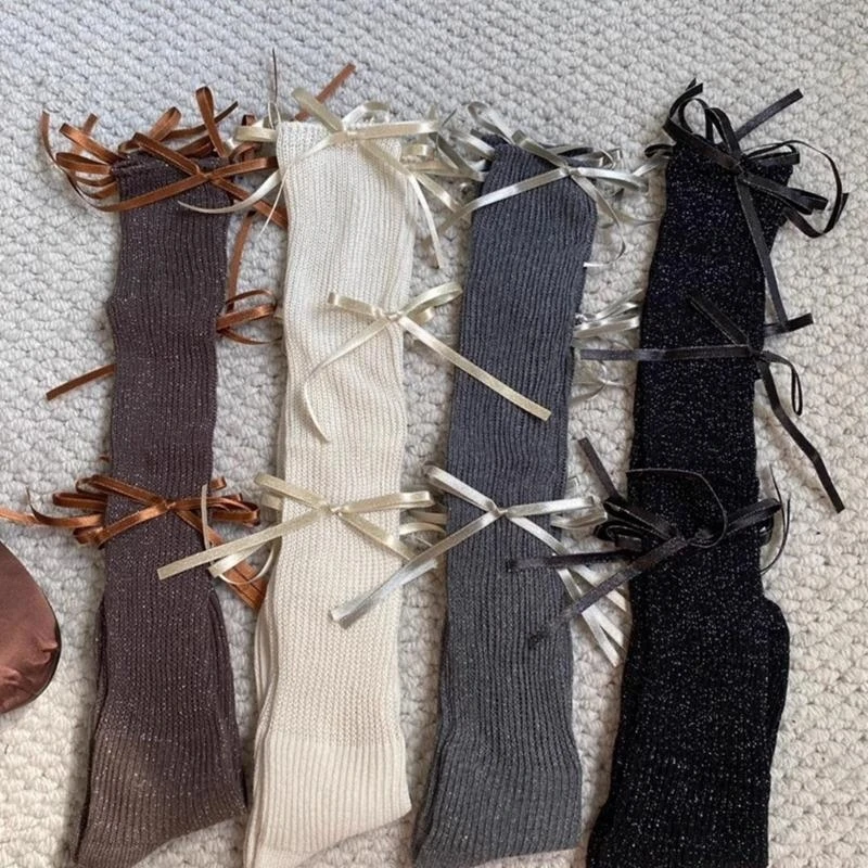 

Женские блестящие вязаные носки в рубчик, японские гольфы с бантом и лентой, 15UB