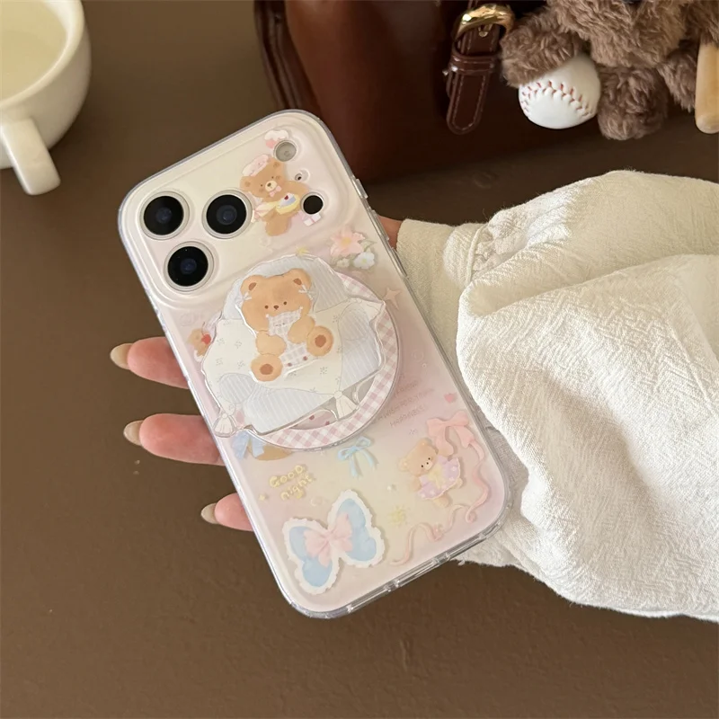 귀여운 만화 곰 나비 자석 휴대폰 케이스 아이폰 17 프로 16 14 15 프로 맥스 커버 홀더 포함 충격 방지 케이스 재미있는 디자인