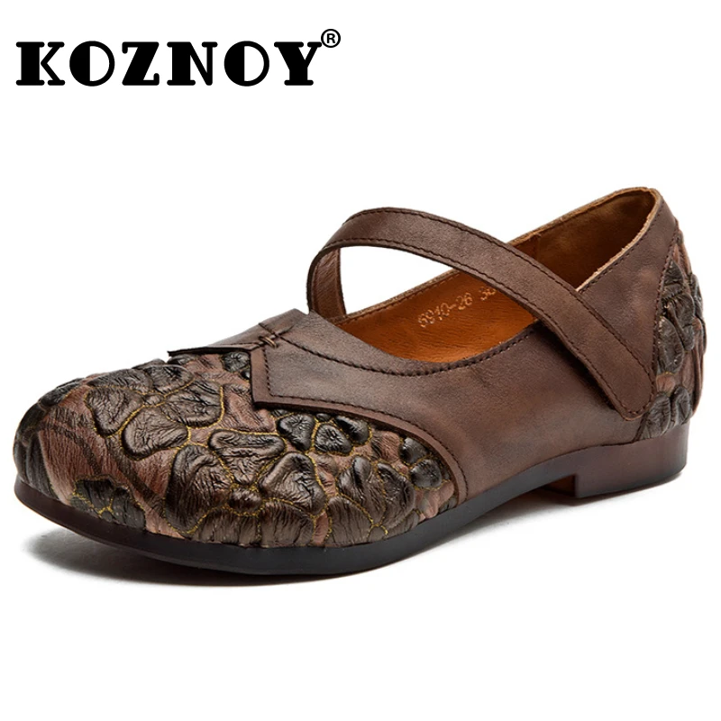 

Koznoy 1.5cm Retro Ethnic Print Genuine Leather Comfy Shallow Women Soft Flats Oxfords Casual Hook Sewing Loafer Summer Shoes