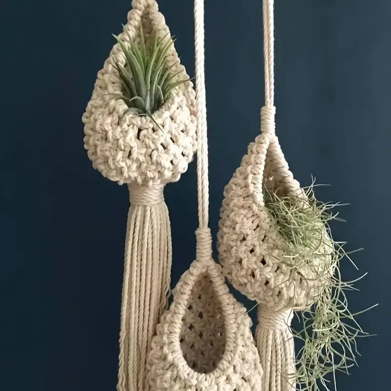 Handmade 3-PCS Macrame Hanging Planter Indoor For Air Plant Tillandsia Small Plants, Bohemian Home Decorative Room Decor