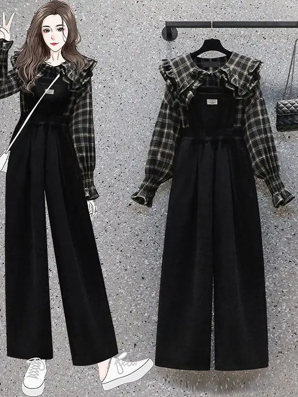 

Faionable возрастной комплект большого размера, женские осенние клетчатые комбинезоны с нагрудником, комплект из двух предметов, корейские длинные брюки с высокой талией