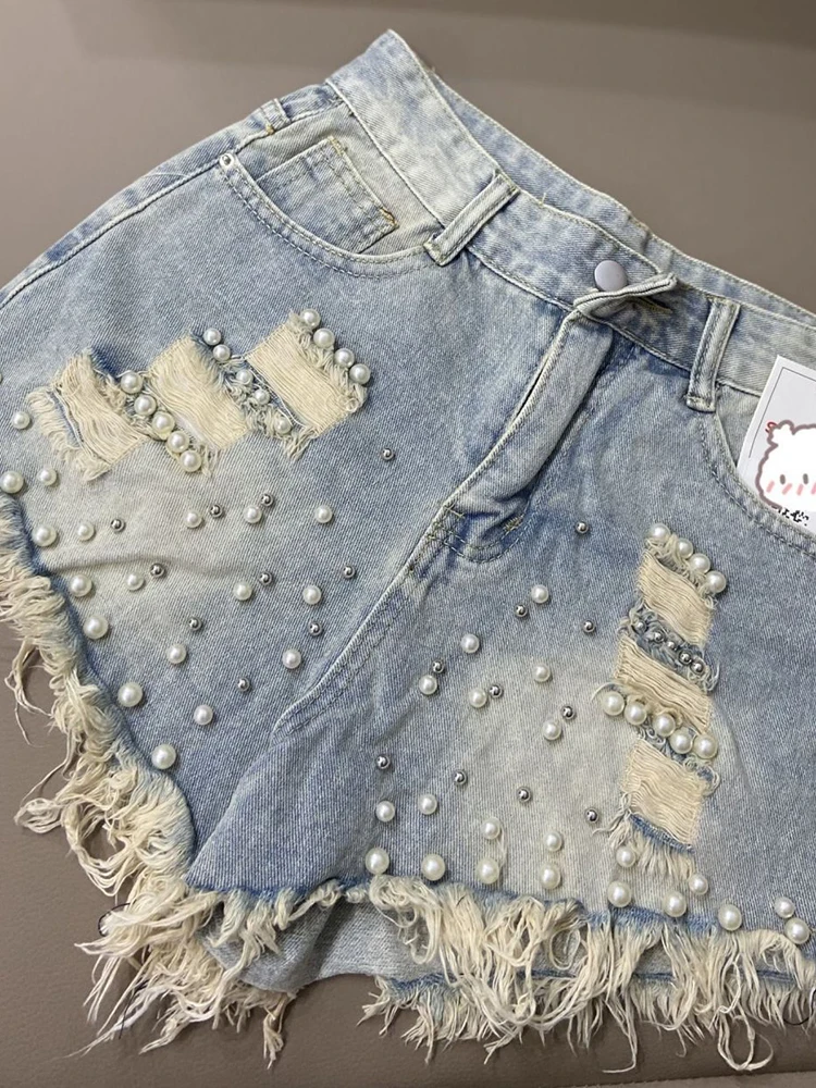 

Sexy Hole Tassel Denim Shorts Women Sweet Fashion Pearls Beading Shorts Summer Chic High Waist Female Elegant Jeans Shorts New