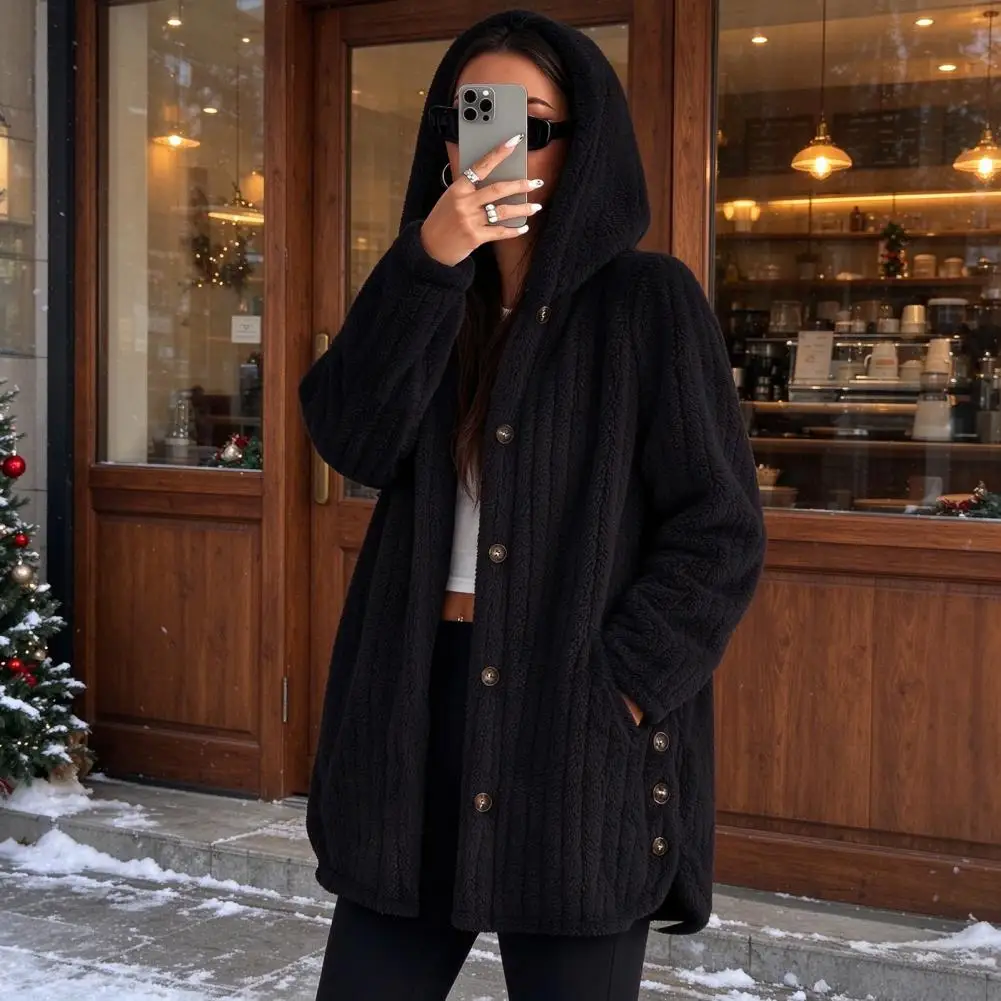 Comfortable Fall Jacket Warm Button Down Jacket Women’s Fleece Hooded Coat Oversized Button Front Jacket Warm Long for Fall