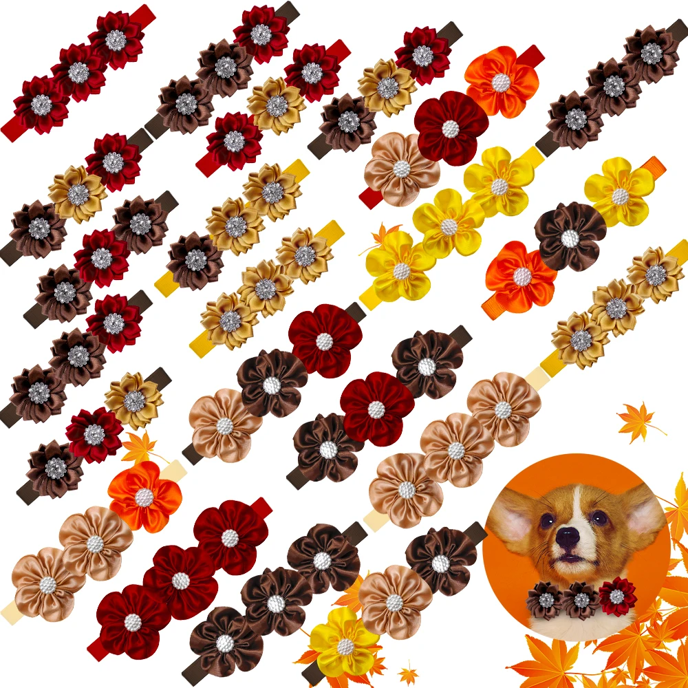 

20/40PCS Flower Dog Collars Autumn Diamonds Pet Dog Bow Ties Adjustable Small Cat Necklaces Pet Grooming Accessories For Dogs